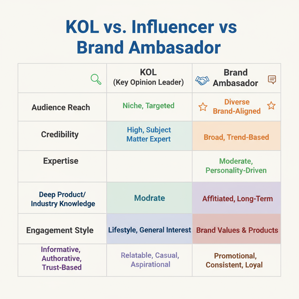 KOL vs. Influencer vs. Brand Ambassador — definition of kol