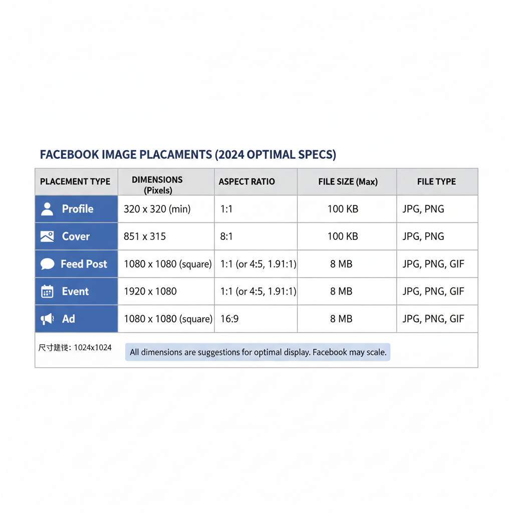 Overview of Facebook’s Main Image Placement Types — facebook maximum image size guide 2024