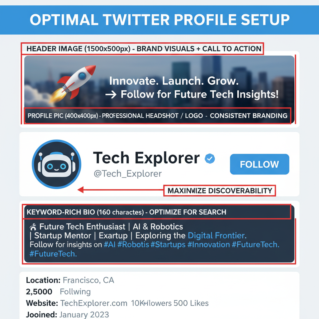 Optimize Profile Image, Header, and Bio with Keywords — how to build a following on twitter