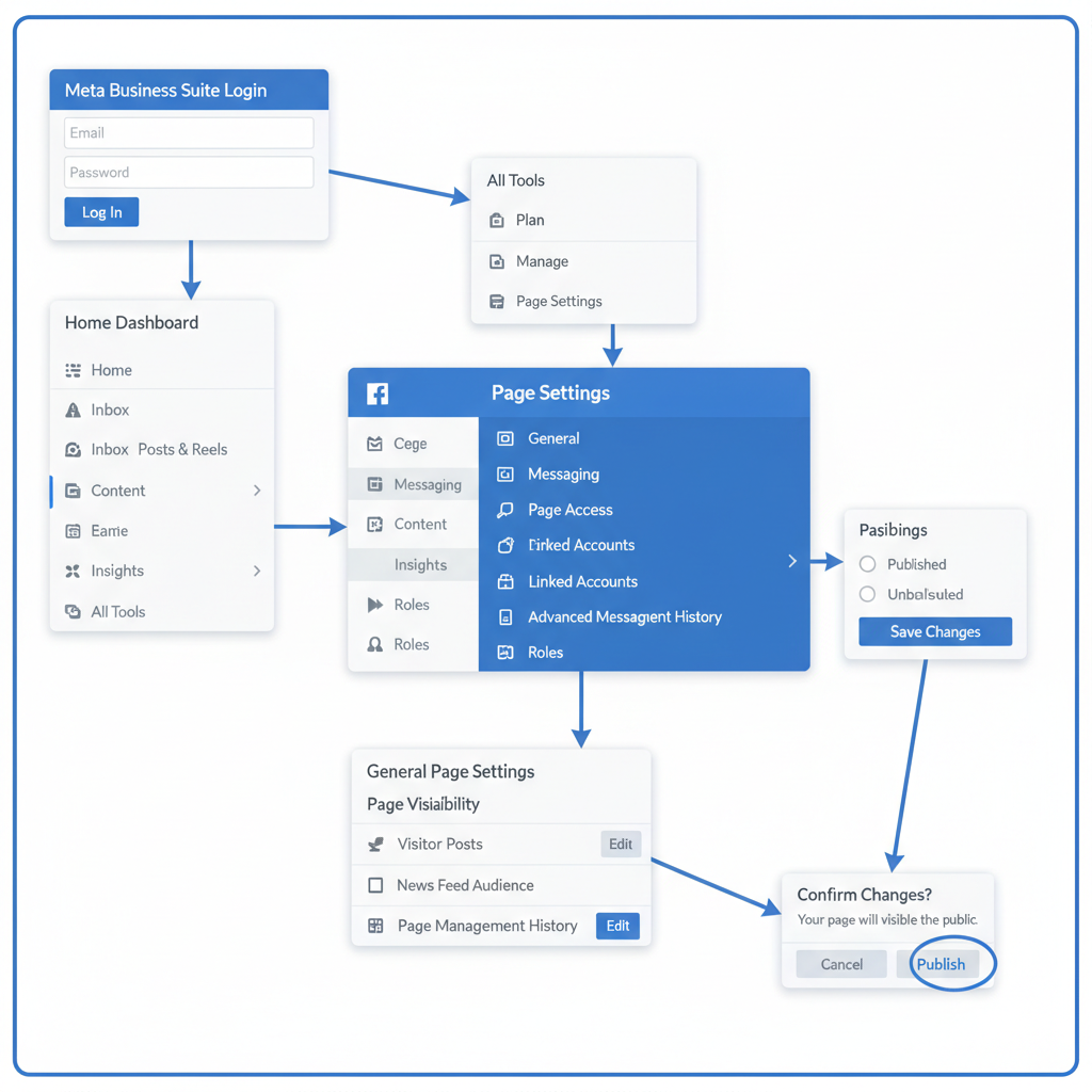 Step 1: Log Into Facebook and Navigate to Meta Business Suite or Page Settings — how to publish page facebook