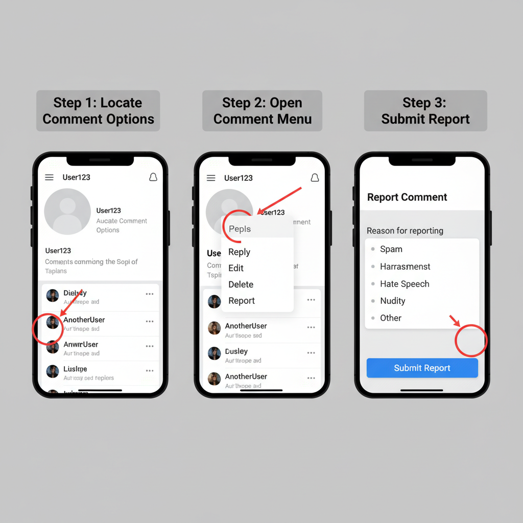 Locating the Comment Options Menu on Desktop and Mobile — how to report a comment on facebook