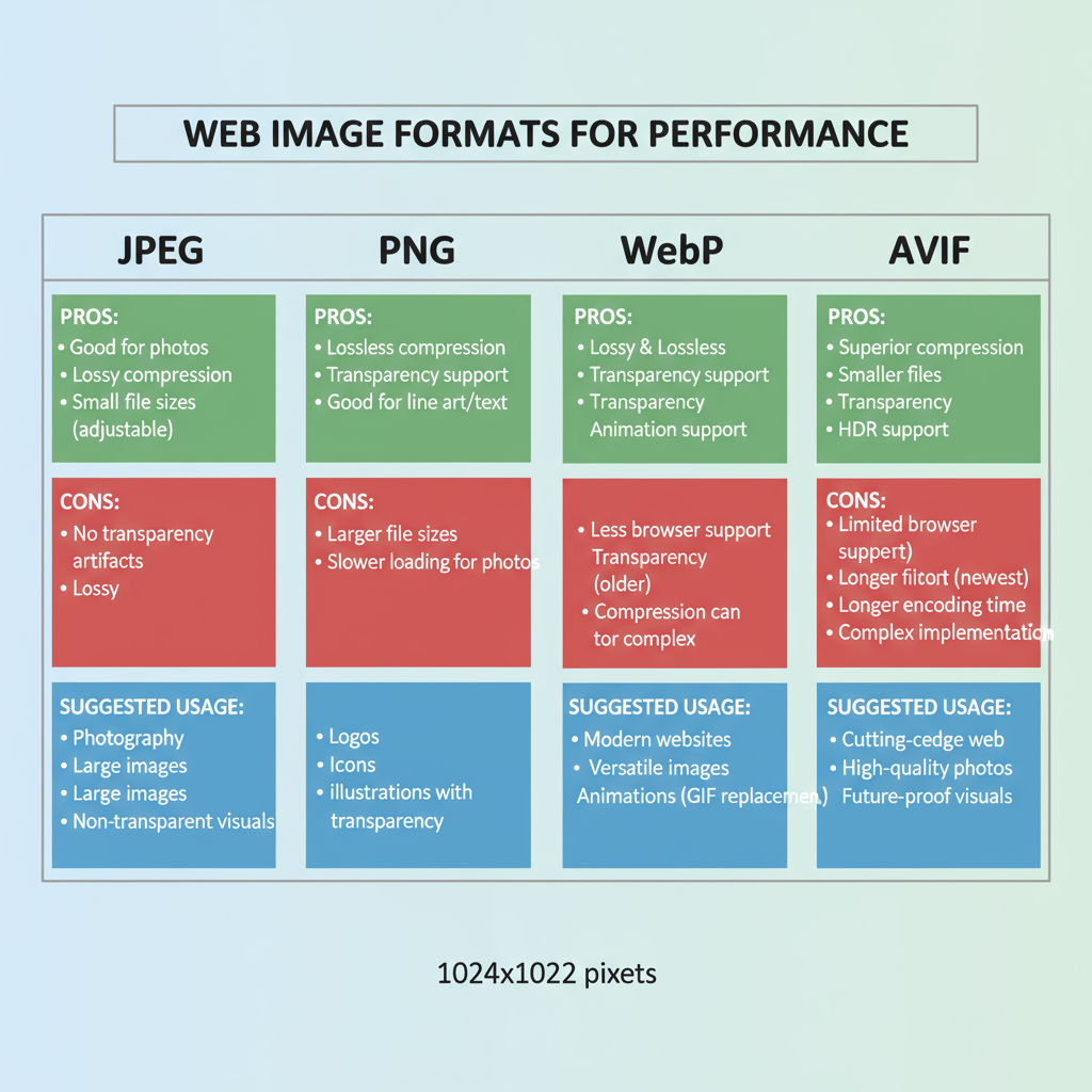 Comparing Image Formats: JPEG, PNG, WebP, AVIF — optimal web page photo size