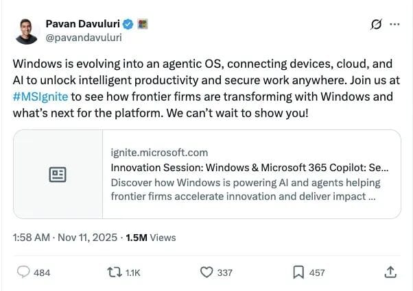 Developer Criticism Forces Leader to Shut Replies! Is Windows Turning into “Agent OS”? Indian Executive Faces Major Backlash