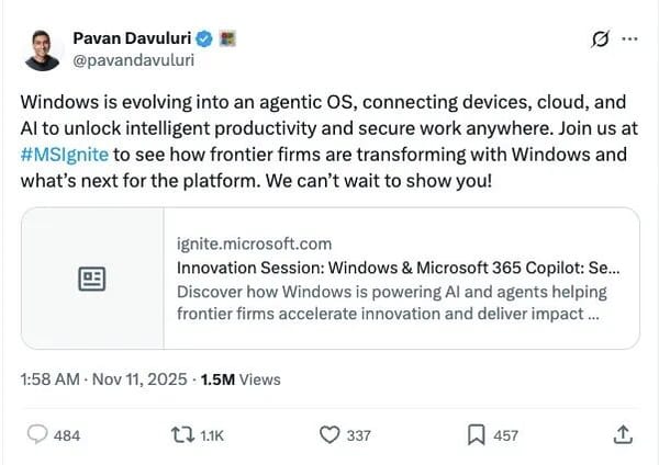 Developer Criticism Forces Leader to Shut Replies! Is Windows Turning into “Agent OS”? Indian Executive Faces Major Backlash